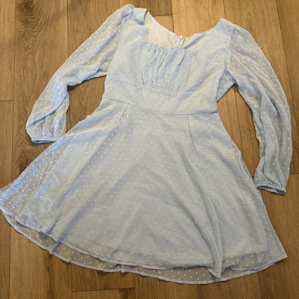 Junior's Teen Large Milk Maid Style Dress Lined Light Blue Long Sleeve Swiss Dot